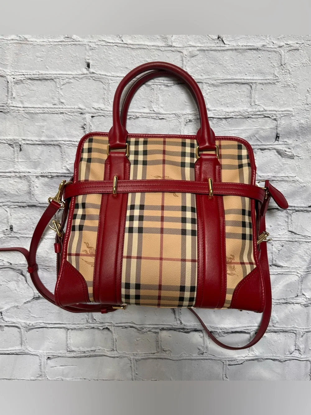 Burberry Brown Haymarket Check Patent Leather Portrait Minford Tote Bag - Picture 2 of 16